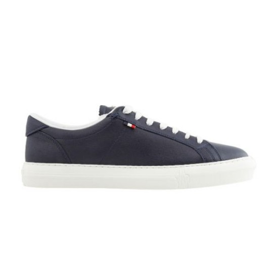 Moncler Dark Blue Low Top Trainer Lateral View in dark blue and white Full lateral side view of Moncler dark blue leather trainer on white background
