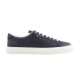 Moncler Dark Blue Low Top Trainer Lateral View in dark blue and white Full lateral side view of Moncler dark blue leather trainer on white background