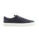 Moncler Dark Blue Low Top Trainer Side View in dark blue and white Side profile of Moncler dark blue low-top leather trainer with white sole