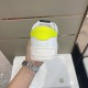 Moncler Montpellier Trainer Rear View in white and grey Rear view of Moncler Montpellier trainer showing neon yellow heel tab and embossed midsole logo in white and grey