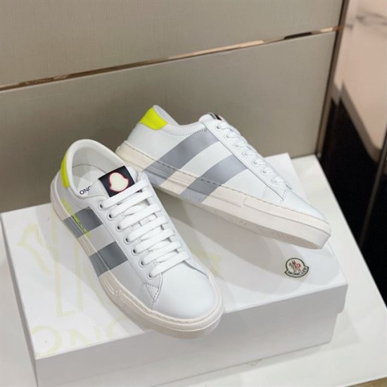 Moncler Montpellier Low Top Trainers Angled View in white and grey Top angled view of Moncler Montpellier low top trainers in white leather in white and grey