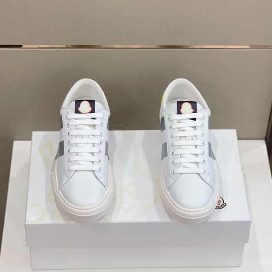 Moncler Montpellier White Trainers Front View in white and grey Front view of white Moncler Montpellier trainers showing laces and tongue logo badges in white and grey