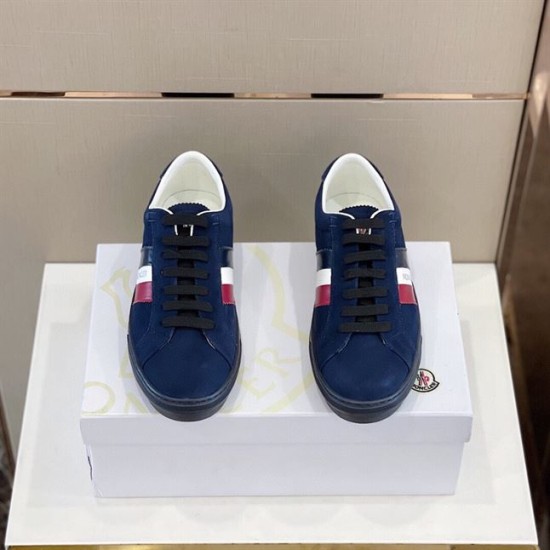 Moncler New Monaco Suede Trainers Navy Low Top Front View Front facing view of Moncler New Monaco Suede Trainers Navy Low Top pair