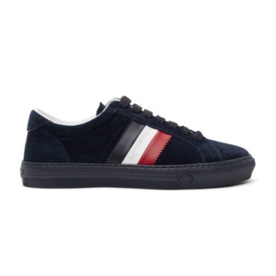 Moncler New Monaco Suede Trainers Navy Low Top Lateral View Lateral profile view of Moncler New Monaco Suede Trainers Navy Low Top