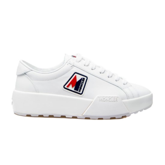 Moncler Promyx white leather low-top trainer side profile with logo patch and platform sole