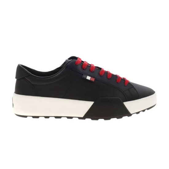 Moncler Promyx Black Leather Trainer Side View in black and red Moncler Promyx black leather trainer side profile with red laces and white midsole