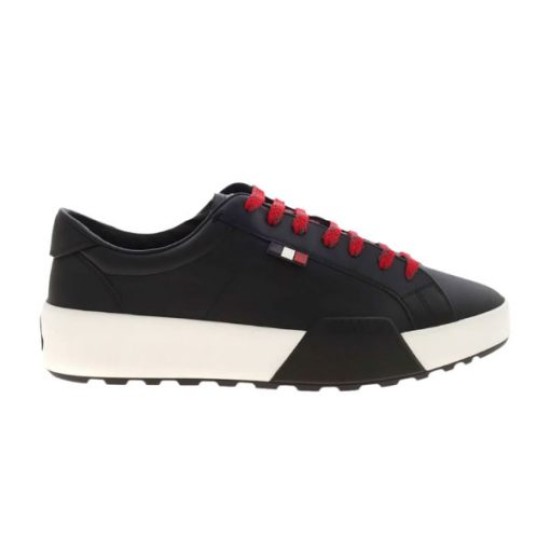 Moncler Promyx Black Leather Trainer Profile in black and red Full side view of Moncler Promyx black leather trainer against a plain background in black and red