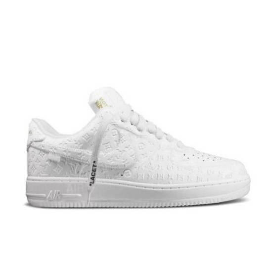 Studio Side View of L Air Force Embossed Monogram White Trainers Studio side profile of L Air Force Embossed Monogram White Trainers
