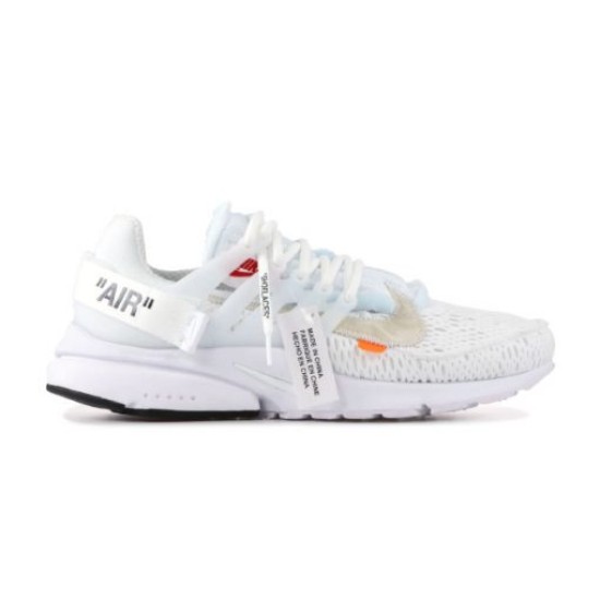 Nike Air Presto Mesh Low Top White Trainers Studio Profile Full lateral side view of Nike Air Presto Mesh Low Top White Trainers on plain white background