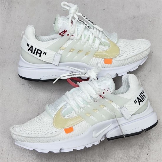 Nike Air Presto Mesh Low Top White Trainers Overhead View Top-down view of Nike Air Presto Mesh Low Top White Trainers arranged head-to-tail