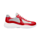 Prada America's Cup trainer in red patent leather and grey mesh, profile view on white background