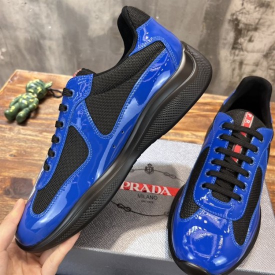 Prada America's Cup Trainer Angled View in blue and black Angled top-down view of blue patent leather trainer upper and lace-up closure in blue and black