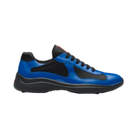 Prada America's Cup Lateral Side View in blue and black Lateral view of Prada blue patent and black mesh low-top trainer