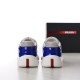 Prada America's Cup Trainer Heel Logo Detail in blue and grey Back view showing red logo branding on the heels of Prada blue trainers in blue and grey