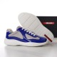 Prada America's Cup Trainer Sole View in blue and grey Prada blue trainer shown alongside its treaded white rubber outsole detail in blue and grey