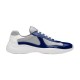 Prada America's Cup Blue Grey Trainer Side View Side profile view of Prada America's Cup patent mesh trainer in blue and grey