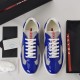 Prada America's Cup Trainers Top View in blue and grey Top-down overhead shot of Prada blue and grey trainers with laces and packaging