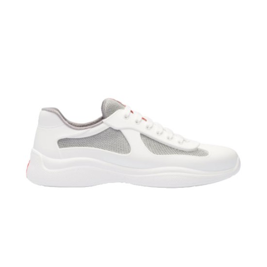 Side profile view of Prada America's Cup trainer in white and grey