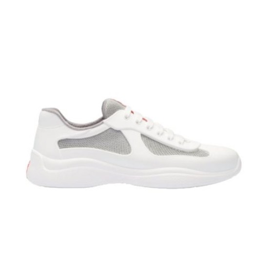 Studio lateral view of Prada America's Cup soft rubber and mesh trainer in white and grey