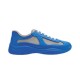 Prada America's Cup Blue Trainer Full Side View in blue and grey Full lateral side view of Prada blue soft rubber and grey mesh America's Cup trainer