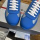 Prada America's Cup Blue Trainers Toe Cap Detail in blue and grey Close-up top view of the blue soft rubber toe cap and white laces on Prada trainers in blue and grey