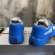 Prada America's Cup Blue Trainers Heel View in blue and grey Rear view showing the blue heels and iconic vertical red logo strip on Prada trainers in blue and grey
