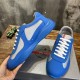 Prada America's Cup Blue Trainers Angular View in blue and grey Side and top view of Prada blue trainers displayed together on a box in blue and grey