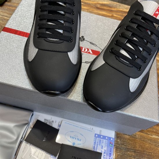 Toe Cap Detail Prada Trainers in black and grey Close-up front angle showing black toe caps and lacing on Prada trainers in black and grey