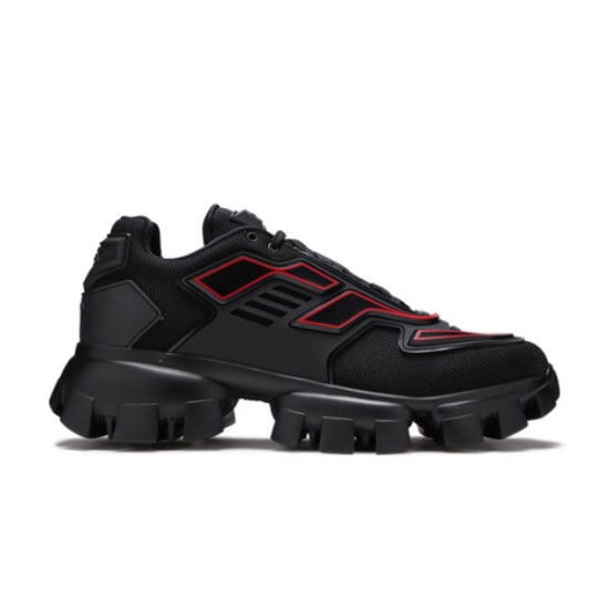 Prada Cloudbust Thunder Trainers Side View in black and red Side profile of Prada Cloudbust Thunder technical fabric trainers in black with red overlays