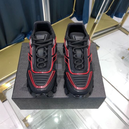 Prada Cloudbust Thunder Trainers Overhead View in black and red Top-down view of black Prada Cloudbust Thunder trainers showing red trim details