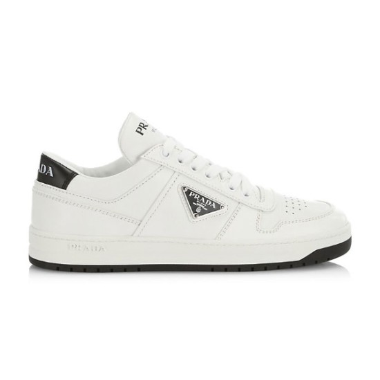 Prada Downtown White Leather Trainer Side Profile in white and black Side profile view of Prada Downtown white leather low-top trainer with black heel tab