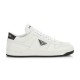 Prada Downtown White Leather Trainer Side Profile in white and black Side profile view of Prada Downtown white leather low-top trainer with black heel tab