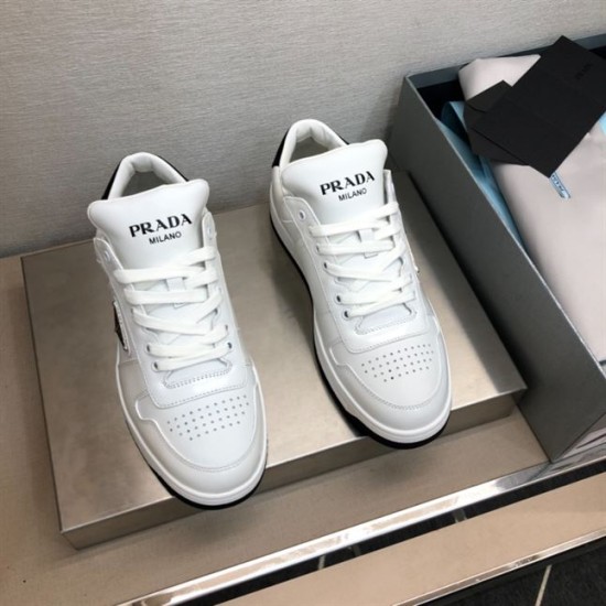 Top View of Prada Downtown White Trainers in white and black Top-down angled view of Prada Downtown white trainers displaying lacing and tongues in white and black