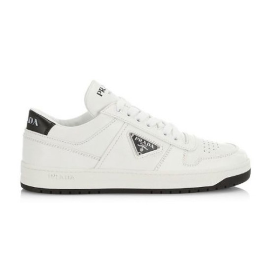 Prada Downtown White and Black Trainer Side View Clean side shot of Prada Downtown white and black leather low-top trainer