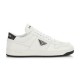 Prada Downtown White and Black Trainer Side View Clean side shot of Prada Downtown white and black leather low-top trainer