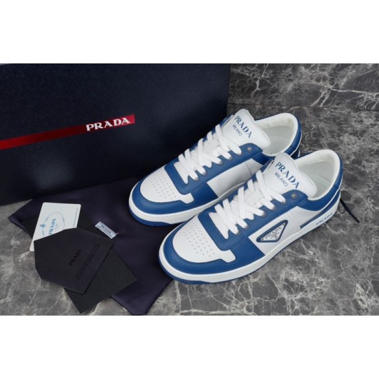 Prada Downtown Blue White Trainers Angled Pair Pair of Prada Downtown blue and white trainers angled with packaging box