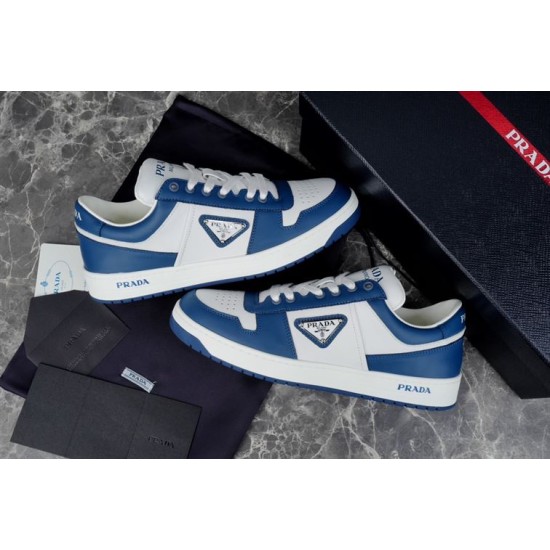Prada Downtown Blue and White Leather Trainers Both Sides Side profile of both Prada Downtown blue and white leather trainers