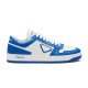 Prada Downtown Blue and White Leather Trainer Side Profile Prada Downtown blue and white leather trainer profile view on plain background