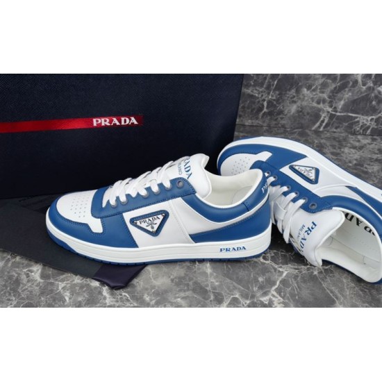 Prada Downtown Blue and White Leather Trainer Angled Prada Downtown blue and white leather trainer angled perspective display