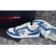 Prada Downtown Blue and White Leather Trainer Angled Prada Downtown blue and white leather trainer angled perspective display