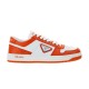 Prada Downtown Leather Trainer Side Profile in orange and white Side profile of Prada Downtown leather trainer in orange and white against a plain background
