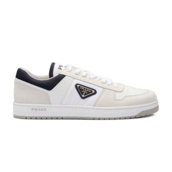 Prada Downtown Re-Nylon Low-Top Trainer Studio View in white and navy Studio profile image of Prada Downtown Re-Nylon white and navy low-top trainer