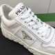 Prada Leather Low Top Chunky Soles Trainers White Detail View Close-up detail of lace cage and triangle logo on Prada Leather Low Top Chunky Soles Trainers White