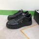 Prada Black Leather Low Top Trainers Pair View Pair of Prada black leather low top trainers shown from a low front three-quarter angle