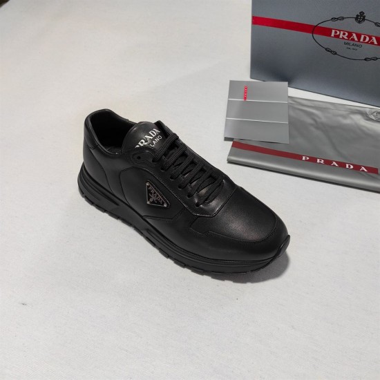 Single Prada Black Leather Low Top Trainer Three-Quarter View Single Prada Black Leather Low Top Trainer three-quarter view