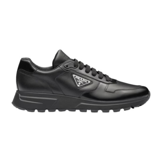 Prada Black Leather Low Top Triangle Logo Trainer Side View Prada Black Leather Low Top Triangle Logo Trainer side view