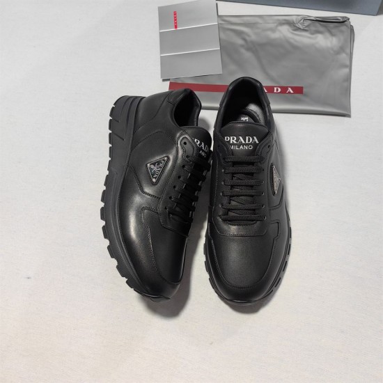 Prada Black Leather Low Top Trainers Top View Prada Black Leather Low Top Triangle Logo Trainers top-down front view