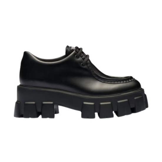Side view of Prada Monolith brushed leather lace-up shoe in black