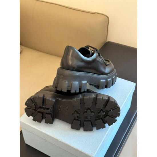 Tread pattern on black rubber lug sole of Prada Monolith shoe