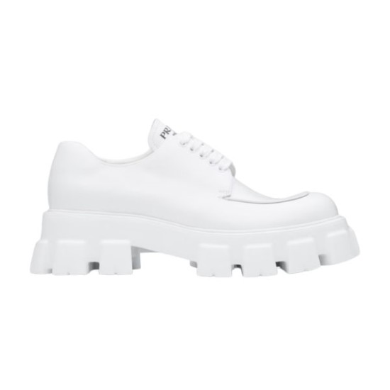 Prada Monolith White Lace-Up Shoe Side View Side profile of Prada Monolith white brushed leather lace-up shoe with chunky lug sole